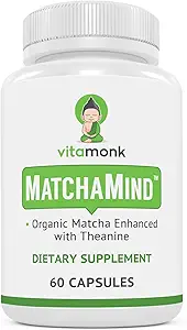 VitaMonk Matcha Kapseln mit Theanine & Theobromine - Matcha Pillen aus Japan mit 25mg natürlichem Koffein - für glatte Energie und Fokus ohne die Jitter - 60 ct