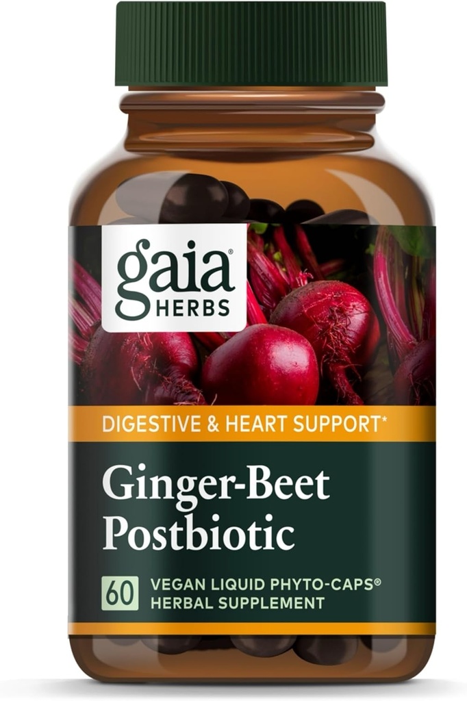 Gaia Herbs Ginger-Beet Postbiotic - Ergänzung für Gut & Herz-Gesundheitsunterstützung - Hergestellt mit Organic Fermented Beets & Ginger - Frei von Dairy, Soy & Gluten - 60 Vegan Capsules (30 Portionen)