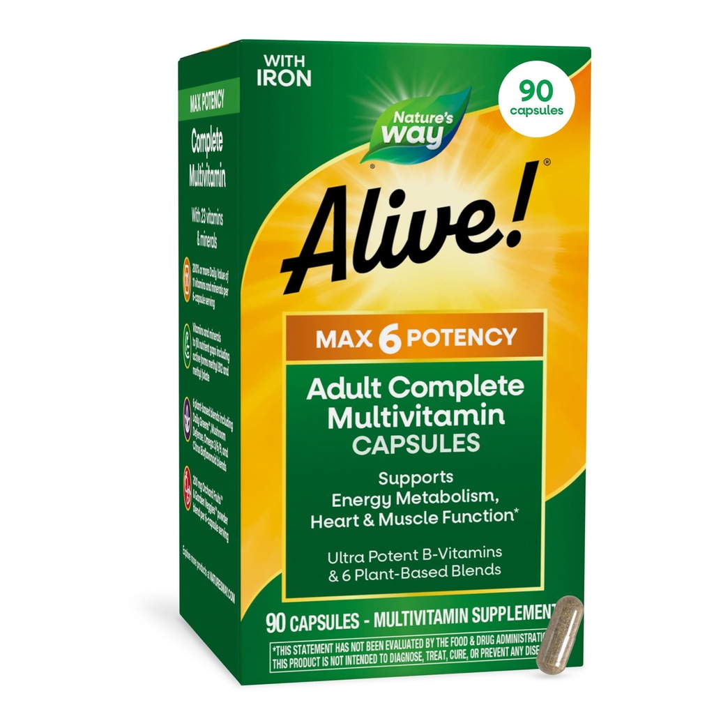 Nature's Way Alive! Max6 Potency Adult Complete Multivitamin, mit Eisen, Vitamine A, C, E & B-Vitamins inklusive methylierter B12 & Folate, unterstützt Energiemetabolismus*, 90 Kapseln (Packaging May Vary)