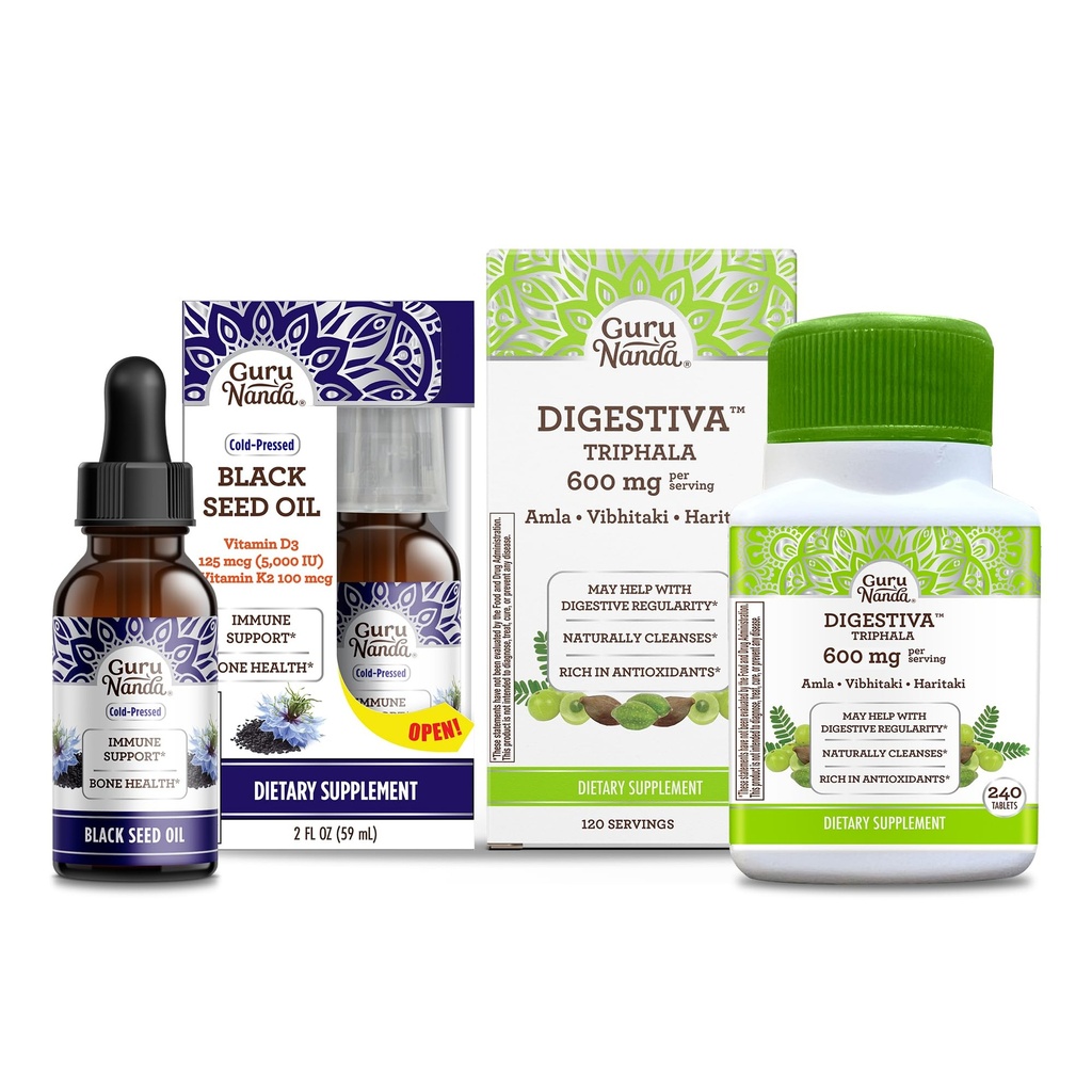GuruNanda Black Seed Oil, Cold-Pressed Nigella Sativa - Reich an Vitamin D3 5000 Units & Digestiva Triphala (240 Tablets), Unterstützt Verdauung, Hilft mit Bloating