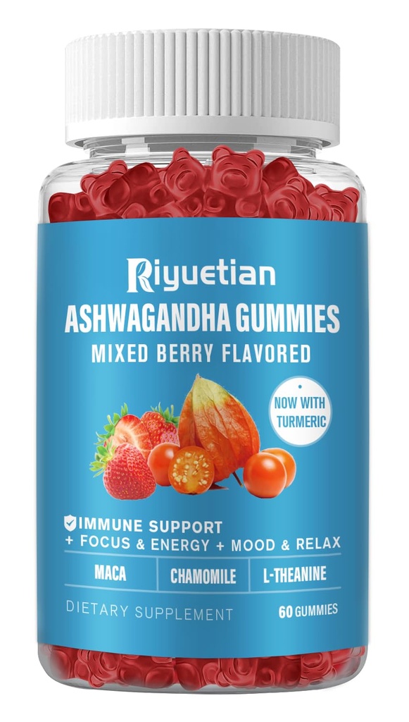 Ashwagandha Gummies für Damen und Herren - Stress-Relief, Immununterstützung & Erhöhte Energie - Zuckerfrei, Vegan - Organic Ashwagandha Root Supplements Gummy- Natural Strawberry Flavor (60 Count)