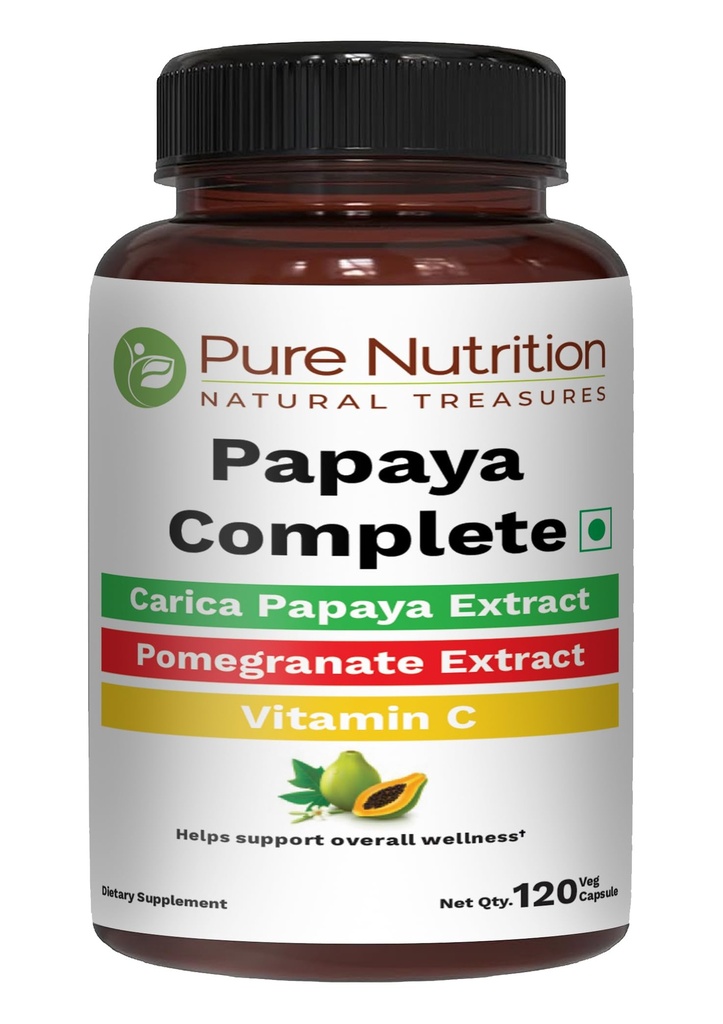 Pure Nutrition Papaya Complete de 120 capsules Carica Papaya Extrait de feuille avec fer, VIT C, VIT A et acide folique.
