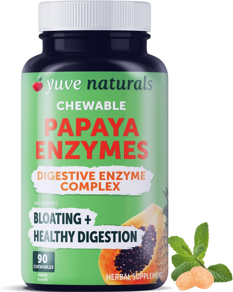 Enzymes digestifs de la papaye naturelle de jouvence - Canettes à croquer sans sucre - Promotion d'une meilleure digestion - Constipation et aide au blottis, désintoxication, fuite de Gut et dégazage - Vegan, non-OGM, sans gluten - 90ct