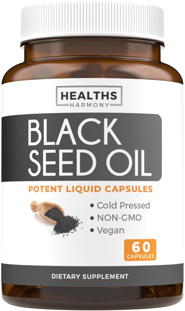 Olio di semi neri - 60 capsule di softgel (non OGM & Vegan) Premium Nigella Sativa prematura a freddo che produce olio di semi di cumino nero puro con vitamina E - 500mg ciascuno, 1000mg per 2 capsule di servizio
