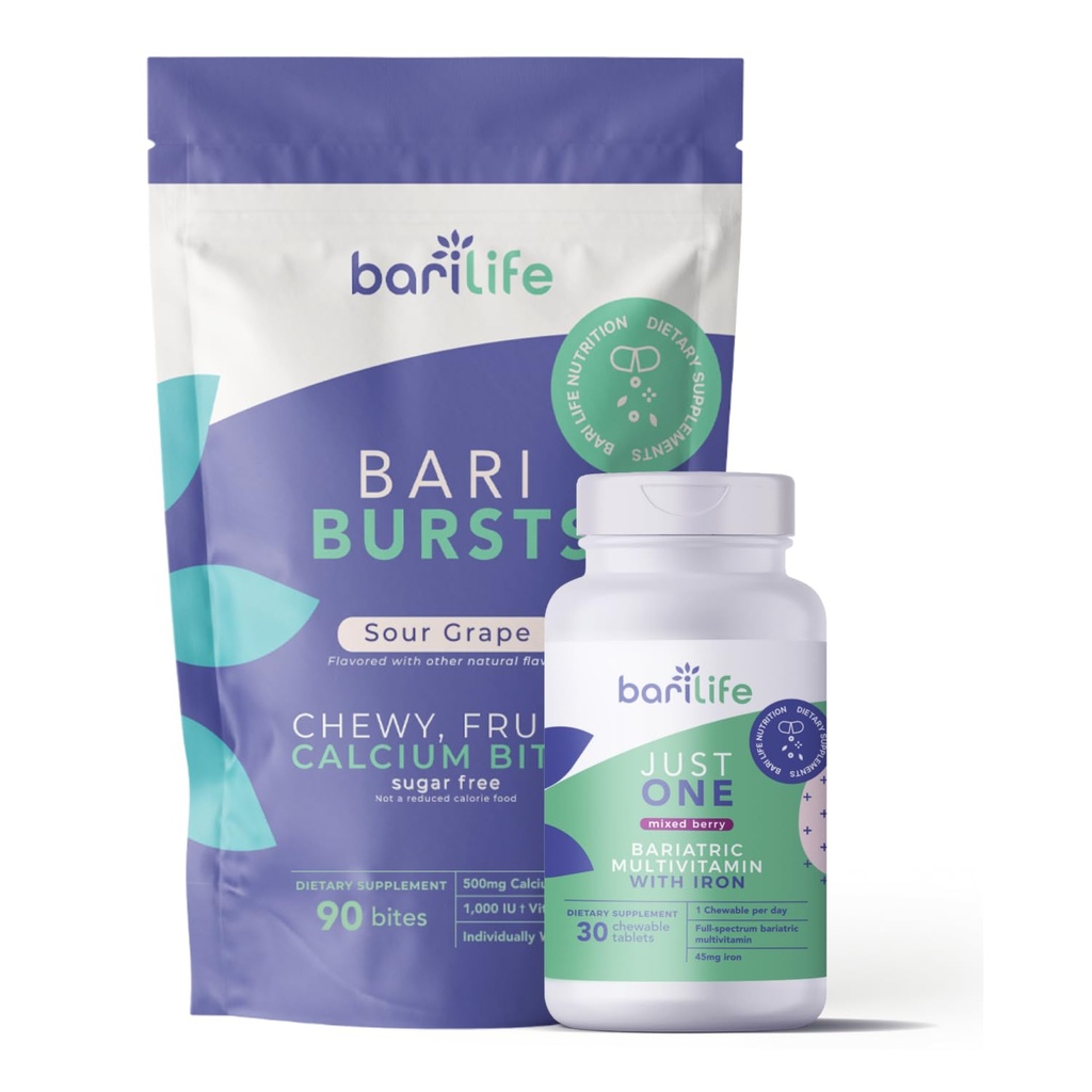 Bari Life Just One Chewable: Una volta ogni giorno Bariatric Multivitamin + Ferro e BariBurst Calcium Citrate Soft Chews for Gastric Bypass, Gastric Maniche e Interruttore Duodenal (Sour Grape)