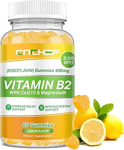 Vitamin B2 Gummi, Riboflavin 400mg Beilage mit Magnesium Glycinat & CoQ10 für Erwachsene & Kinder, Unterstützung Migraine Relief & Nervous System, Boost Energy, Sugar Free Vegan B2 Gummis Zitronen Geschmack