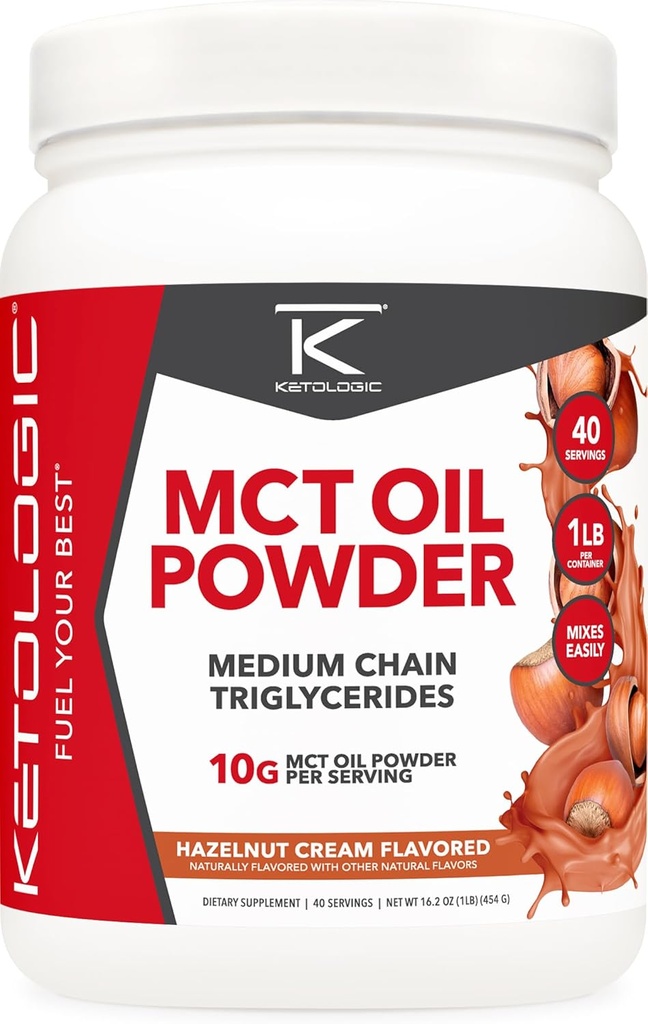Ketologic MCT olio polvere crema di nocciole (1 LB) – Keto Coffee Creamer & Energy Support – 41 Serve di trigliceridi a catena media per il combustibile di messa a fuoco