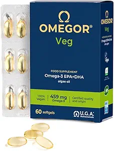 Vegan Omega 3 Supplement OMEGOR Veg - Algenöl Omega 3 mit 250mg EPA und 125mg DHA mit Vitamin E - Vegan Society und IFOS zertifiziert (60 Caps)