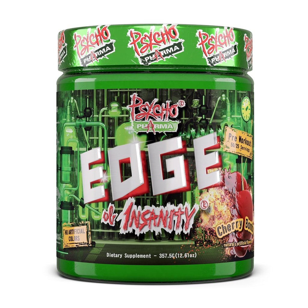 Psycho Pharma Strongest High Stim Preworkout Powder - Edge of Insanity - Most Intense Pre Workout Supplement for Pumps, Strength, Energy and Feel Good Focus. Rivals Famous PWOs of The Past