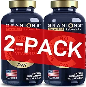 Granions HMB e vitamina D3 Supplemento - Recupero del muscolo, Beta Hydroxy Butyrate Pre Workout Muscle Builder, Mass Gainer - 1000 MG con D3 e Calcium - 360 HMB Capsule, 6-Month di alimentazione
