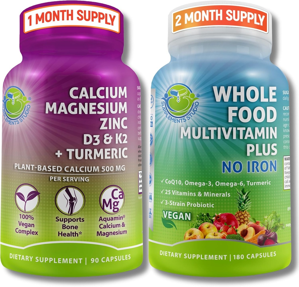 SUPPLEMENTARI STUDIO Daily Immune, Bone & Energy Support Bundle for Men & Women – Vegan Whole Food Multivitamin Senza Iron & Plant-Based Calcium Magnesium con D3, K2 & Turmeric – Vegan, Non OGM