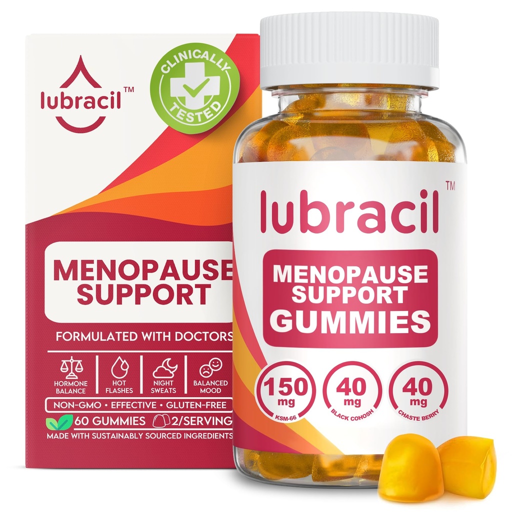 Lubracil Ménopause Gommies pour femmes - Suppléments ménopausés pour flashs chauds, sueurs de nuit, échandises d'humeur et équilibre hormonal - Vitamines quotidiennes avec coho noir et ashwagandha - 60 Gommies (paquet de 1)