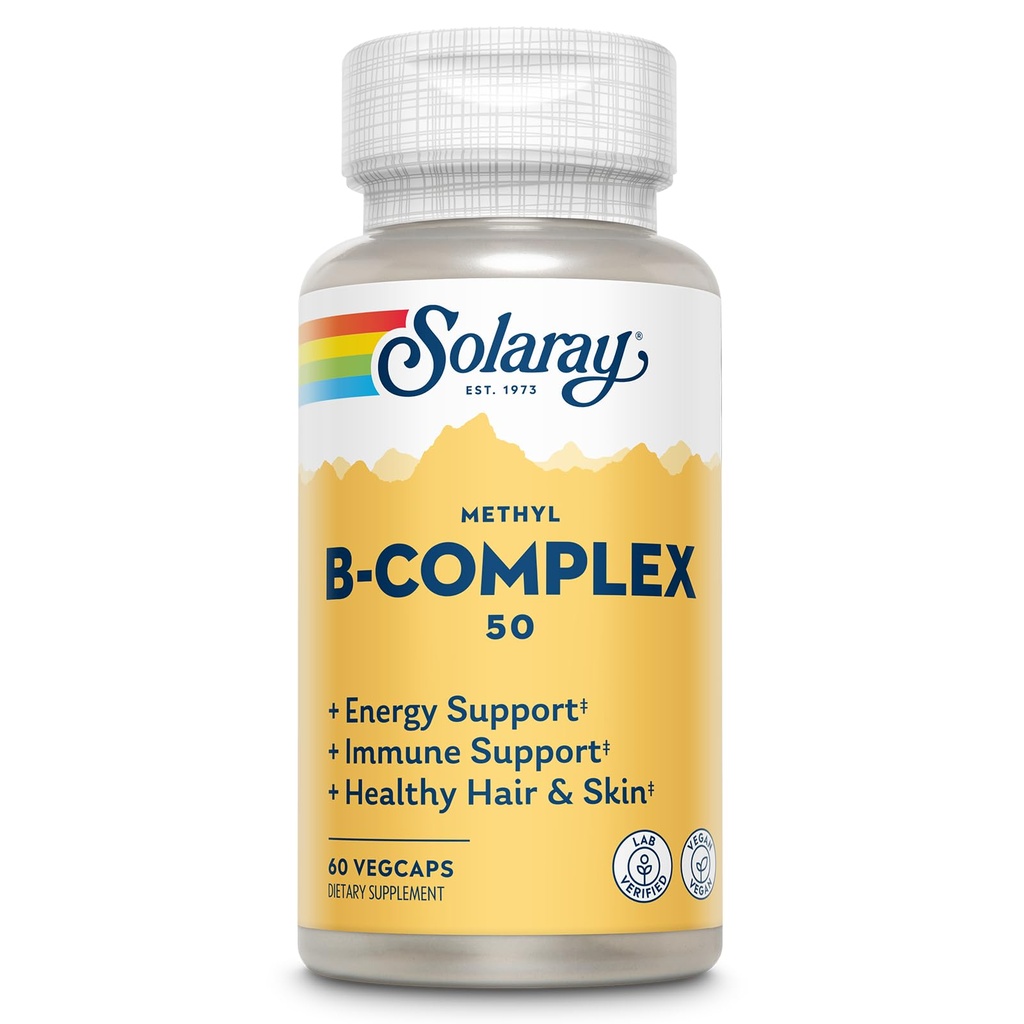 SOLARAY Methyl B Complex 50mg - Vitamin B Complex with Vitamin B12, B6, B1, Folic Acid, Biotin and More - Cellular Energy Supplements, Nerve Function Support - Vegan, 60-Day Guarantee, 60 Servings