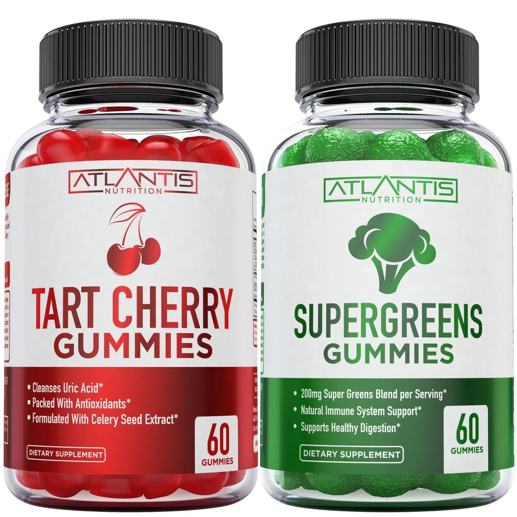 Atlantis Nutrition 60 Tart Cherry Gummis + 60 Supergreens Gummis.