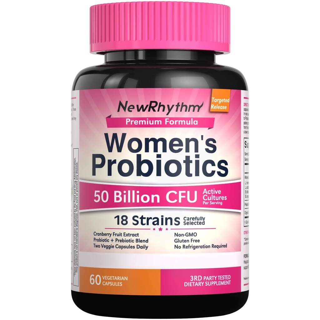 NewRhythm Women's Probiotics, Organic Cranberry für Frauen Vaginal Health, 50 Billion CFU 18 Strains, Probiotics und Prebiotics, Unterstützung Verdauungsgesundheit, 60 Vegan Capsules