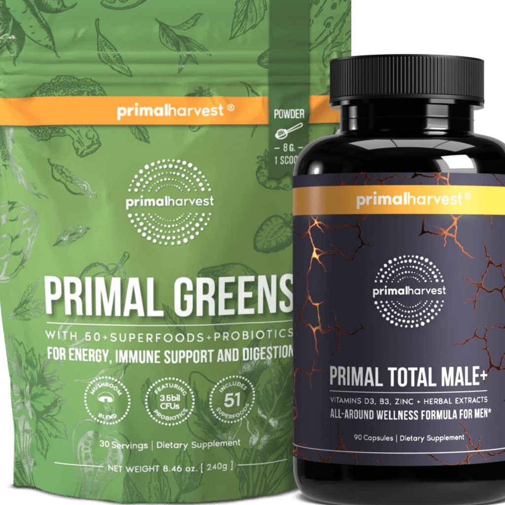 Primal Harvest Totale Maschile+ & Verdi Primali Multivitamina maschile e Integratore nutrizionale con Ginseng, Vitamine D e B, zinco, probiotici e altro, Gluten e Dairy Free