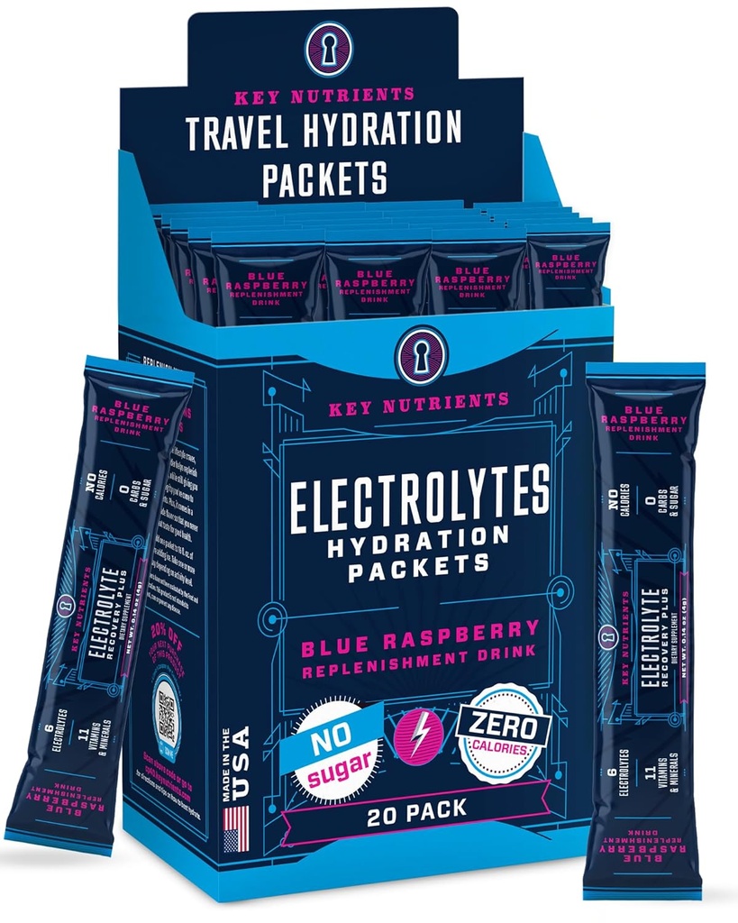 KEY NUTRIENTS Elektrolyte Pulver-Packets 20 Pack - Kein Zucker, Delicious Blue Himbeer, Hydration-Packets mit Elektrolyt-Pulver für Refreshing Elektrolyt Getränke Mix Packets - Zero Calories