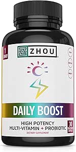 Zhou Daily Boost - Multivitamines probiotiques pour les femmes et les hommes, soutien immunitaire, antioxydant et supplément santé oculaire avec vitamine A, vitamine C, biotine et folate pour les adultes - 30 Capsules de Véggie