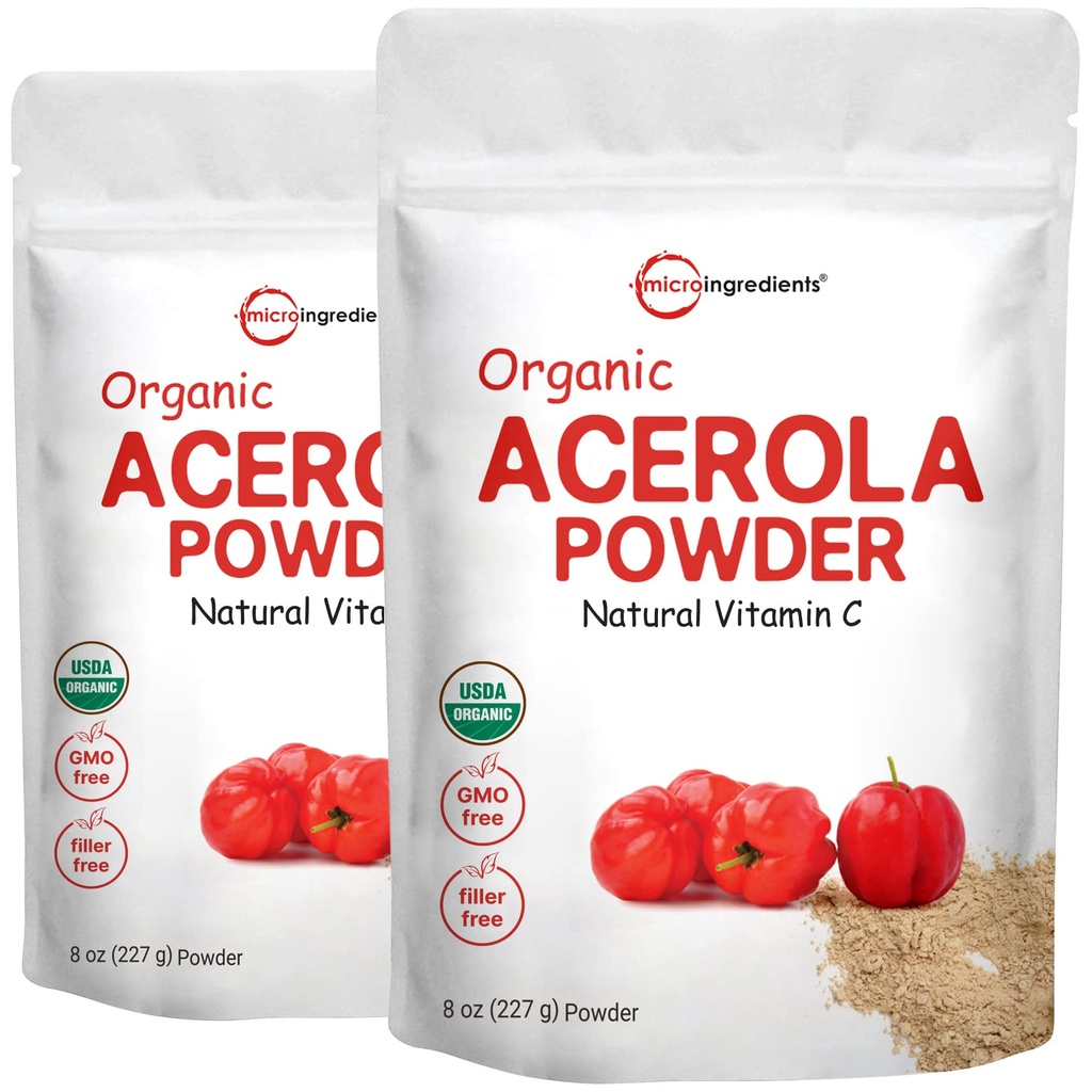 2 Packung reines USDA Bio Acerola Kirschpulver, natürliches und organisches Vitamin C für Immunsystem, 8 Unze, keine GMO, keine Gluten, Brasilien Herkunft