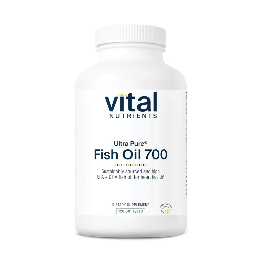 Nutriments vitaux Huile de poisson ultra pure 700 - Soutient la santé du coeur, du cerveau et des articulations* - Acides gras oméga-3 de l'EPA et du DHA à source durable - Saveur de citron - Sans gluten, sans lait et sans soja - 120 Softgels