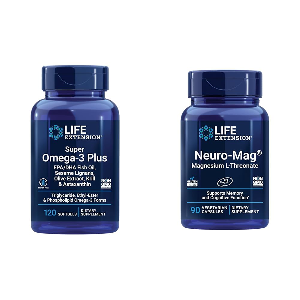 Extension de vie Super Omega-3 Plus EPA/DHA Huile de poisson, sésame Lignans & Neuro-mag Magnésium L-thréonate