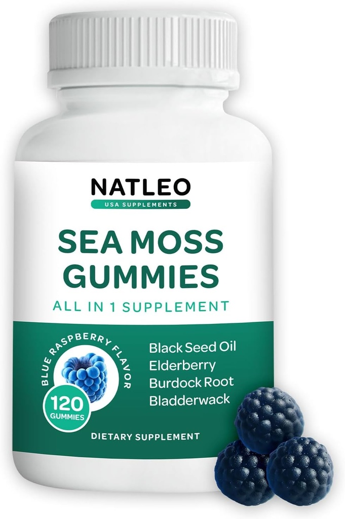 NATLEO USA Sea Moss Gummi mit Elderberry, Black Seed Oil & Burdock Root - Vegan, Glutenfrei, Non-GMO, 1750mg - Unterstützt Daily Wellness - Made in USA (120 Count)