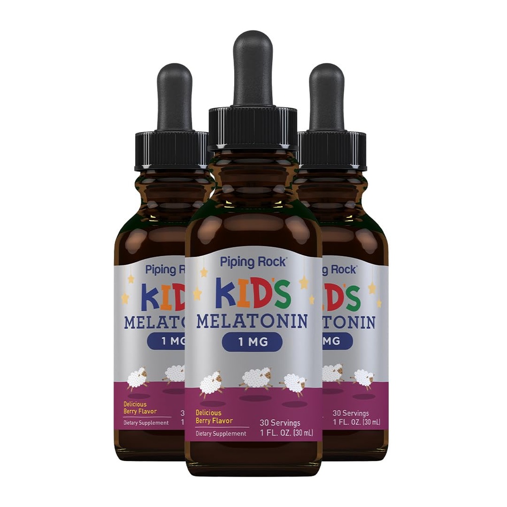 Piping Rock Kids Melatonin Liquid 1 fl oz | 1mg | Confezione di 3 bottiglie | Gocce di aroma di bacche | Non-GMO, Integratore senza glutine