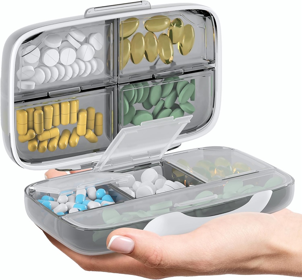 Organisateur de pilules de voyage - Cas de médicaments hermétiques pour voyager Boîte de pharmacie portable avec étiquettes Conteneur de vitamine 8 Supplément de compartiment Titulaire de médicaments Grande capacité quotidienne (Grey)