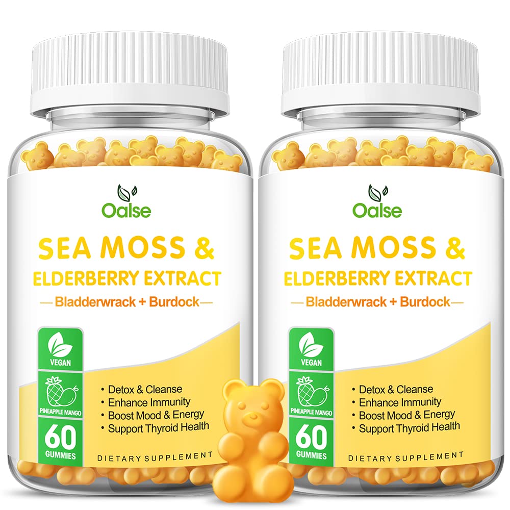 Sea Moss Gummi für Erwachsene und Kinder, 2000mg Raw Seamoss, Bladderwrack, Burdock Root, Elderberry, Pfeffer, Vitamin C & D3, Zink unterstützt Immunsystem & Boost Energy (2-Pack)