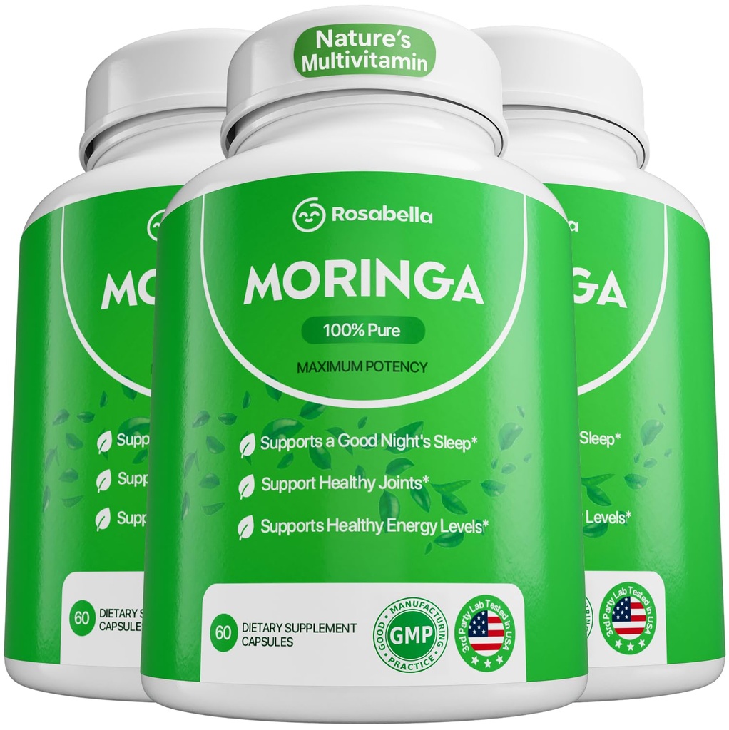 Rosabella Moringa Capsules - Pure Moringa Poudre, Énergie, Peau, Immune et Gut Santé Superfood, Riche en antioxydants, Vitamines essentielles et acides aminés, Supplément naturel vert Superfood - 180 Compte