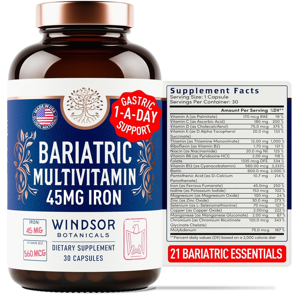 Multivitamine bariatrique avec fer - 45mg Fer Facile à avaler, une vitamine bariatrique par jour pour les femmes et les hommes - Bypass gastrique, récupération des manches gastriques Vitamine Multivitamines - 30 capsules