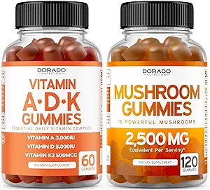ADK Vitamin D3 K2 (60 Gummies) D & K - 10 Vegan Supplemento con Raspberry Flavor e funghi 10 in 1 miscela (120 Gummies) Focus & Brain Mushroom Supplement per adulti - Vegan Safe & Made in USA
