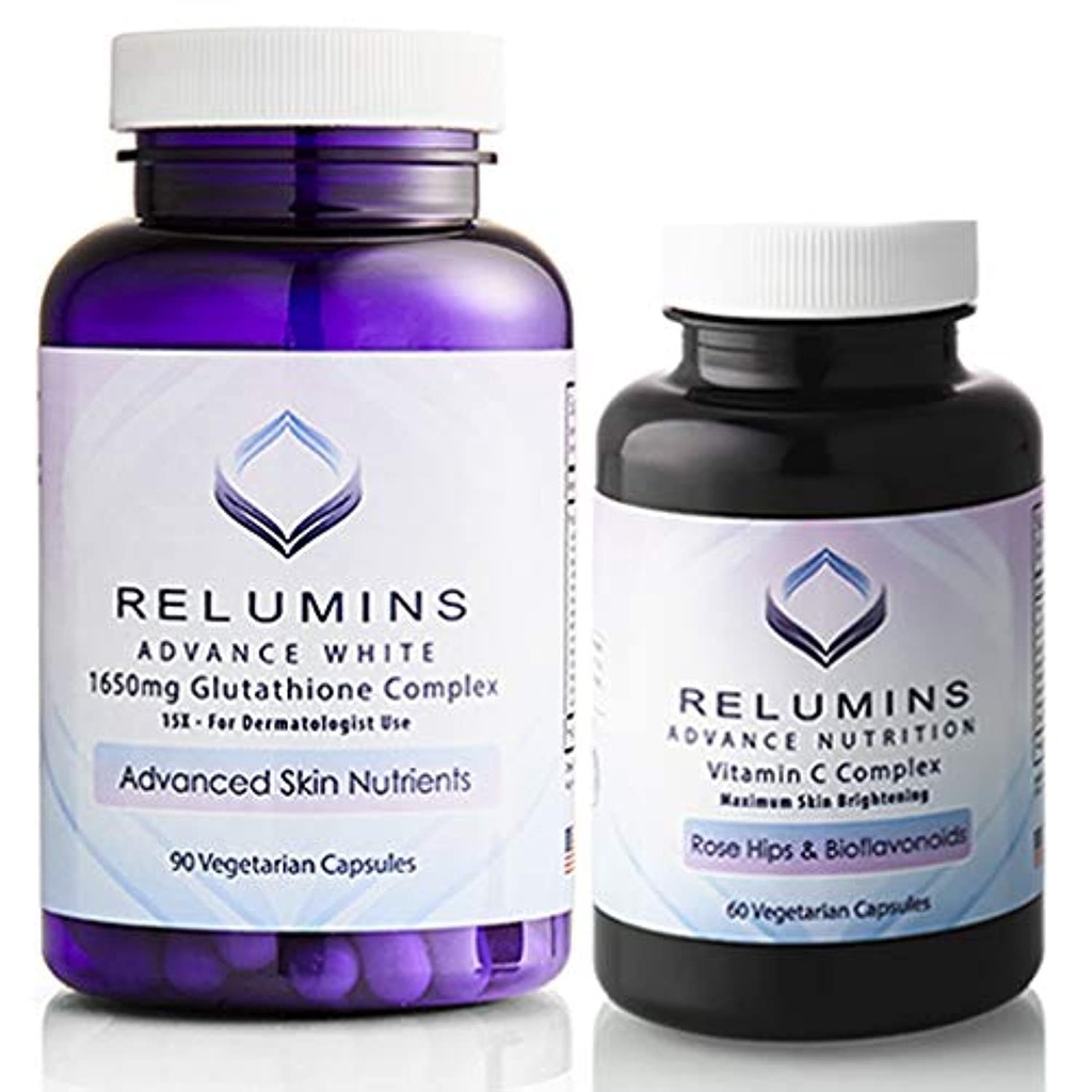Relumines Advanced White Set - 1650mg Glutathione Complex (90 Kapseln) und Advanced Vitamin C mit Rose HIPS und Bioflavonoiden (60 Kapseln) Bundle