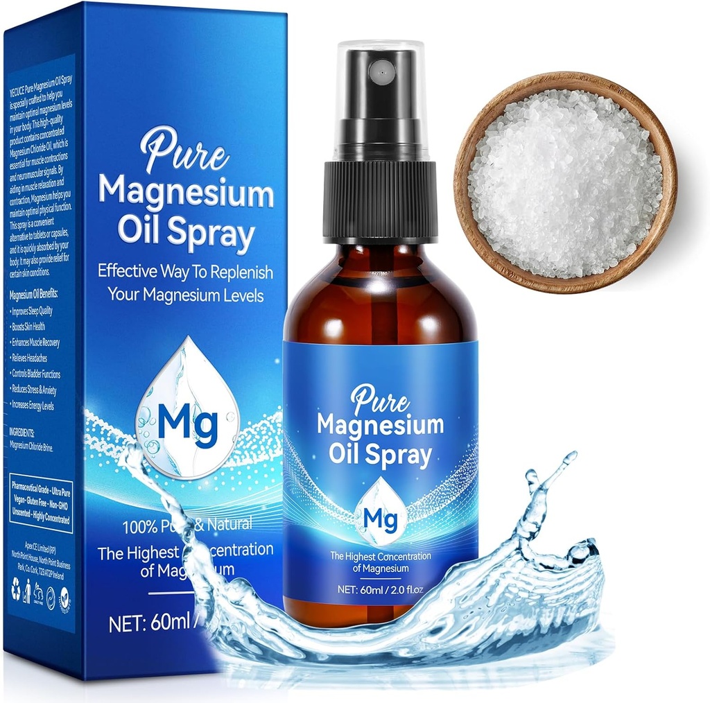 Vaporisateur d'huile de magnésium, huile de magnésium pure pour les pieds, 100% bouteille de verre de magnésium naturel et biologique, facile à absorber et à utiliser, Spray de magnésium topique (2 Fl Oz, paquet de 1)