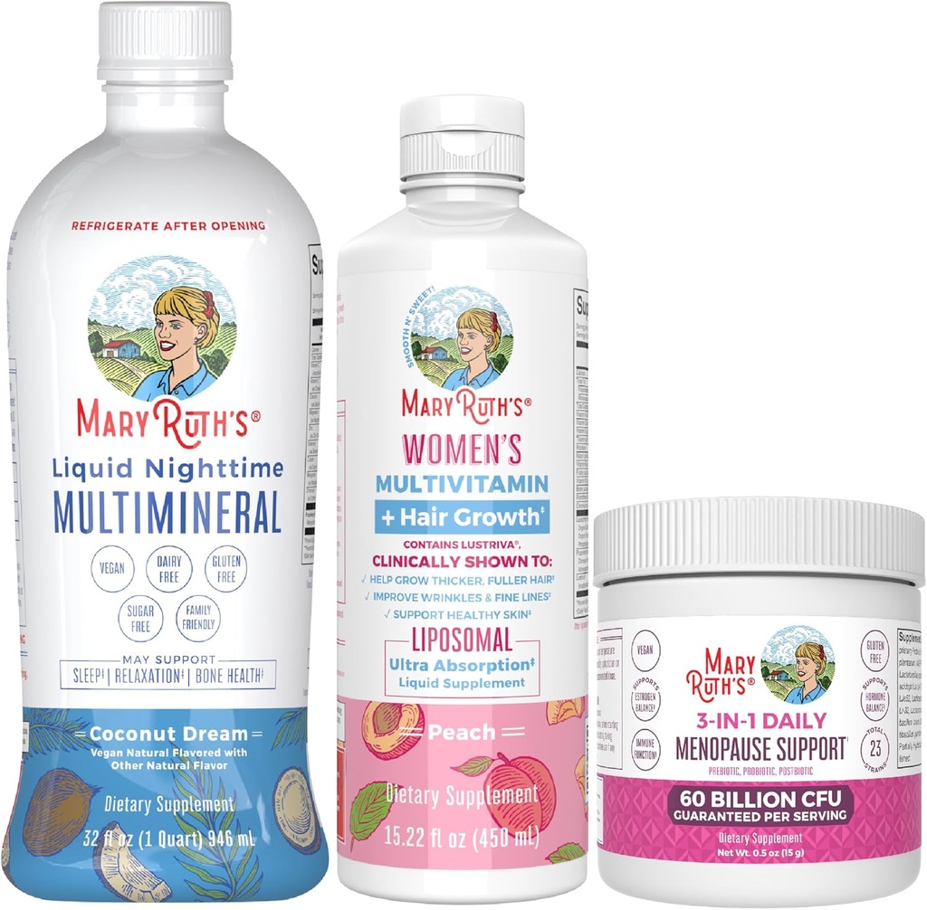MaryRuth Organics Women's MultivitaminLustriva Hair Growth, Menopause Support, & Daily Liquid Multimineral, 3-Pack Bundle für Haarunterstützung, Hautgesundheit, Immununterstützung, Gut Health und Schlafunterstützung