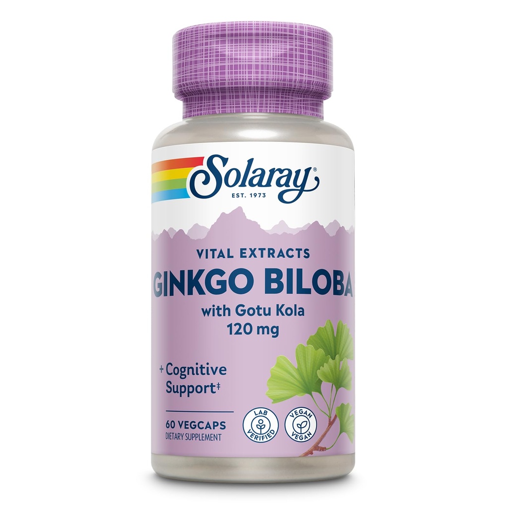SOLARAY Ginkgo Biloba Extrakt mit Gotu Kola - Ginko Biloba Kapseln für Brain Health Support - Vegan, Lab Verified, 60-Day Garantie - 60 Servietten, 60 VegCaps (60 VegCaps)
