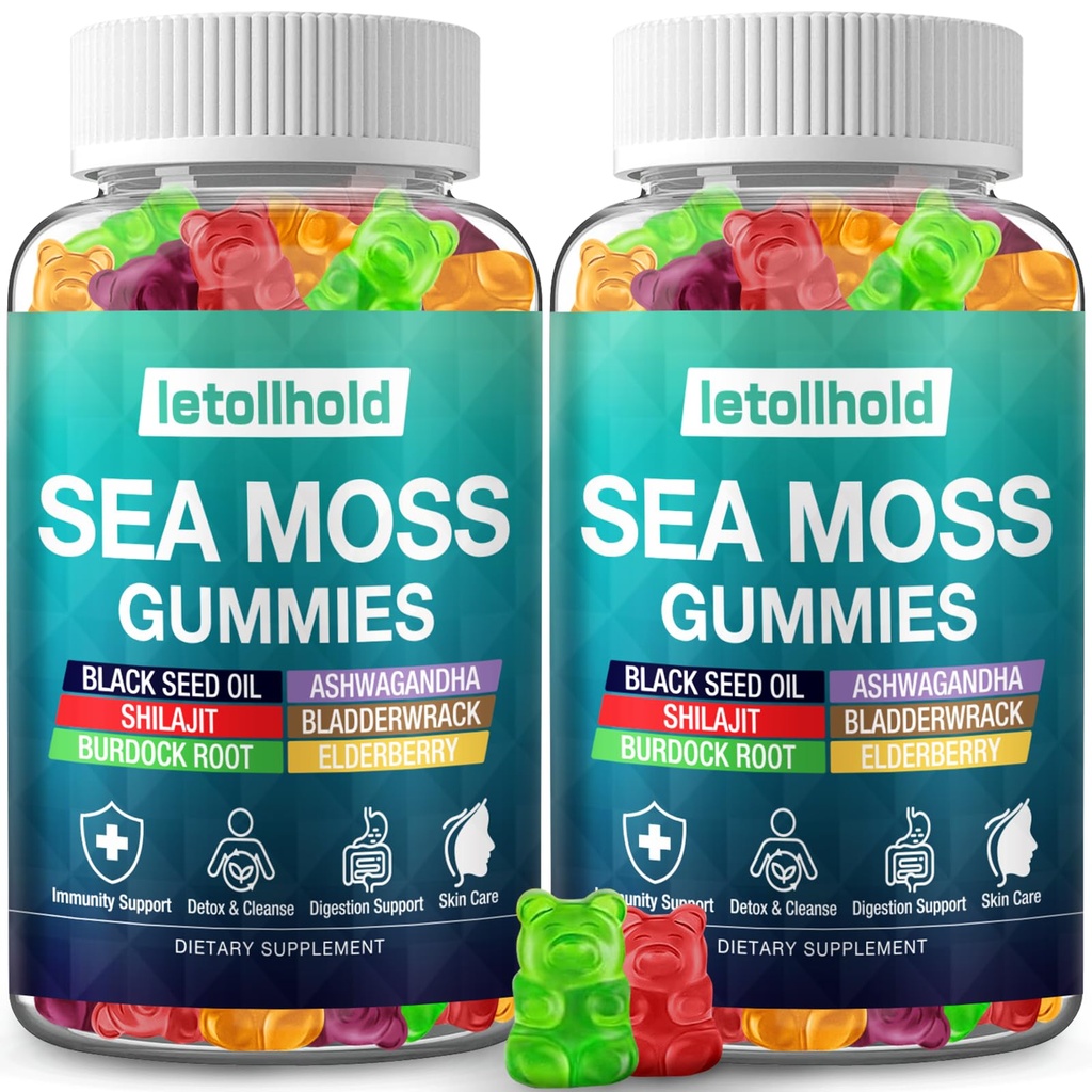 Gummies de la Mousse de Mer - Irish Sea Gummies avancé pour les adultes avec Ashwagandha Bladderwrack & Burdock Root pour les soutiens Immune,Energy - 60 Vegan Gummy,2PCS