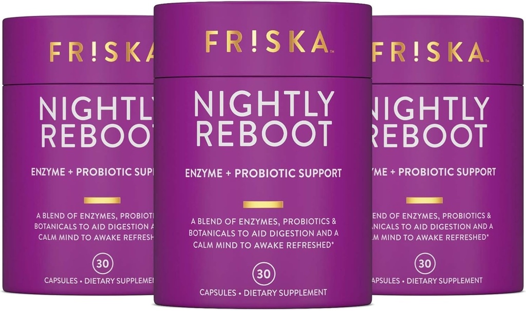 FRISKA Enzyme de redémarrage nocturne et probiotiques supplément, favorise une meilleure digestion et le sommeil, soutient la santé Gut pour les hommes et les femmes, Mélatonine, Camomile, 90 Capsules