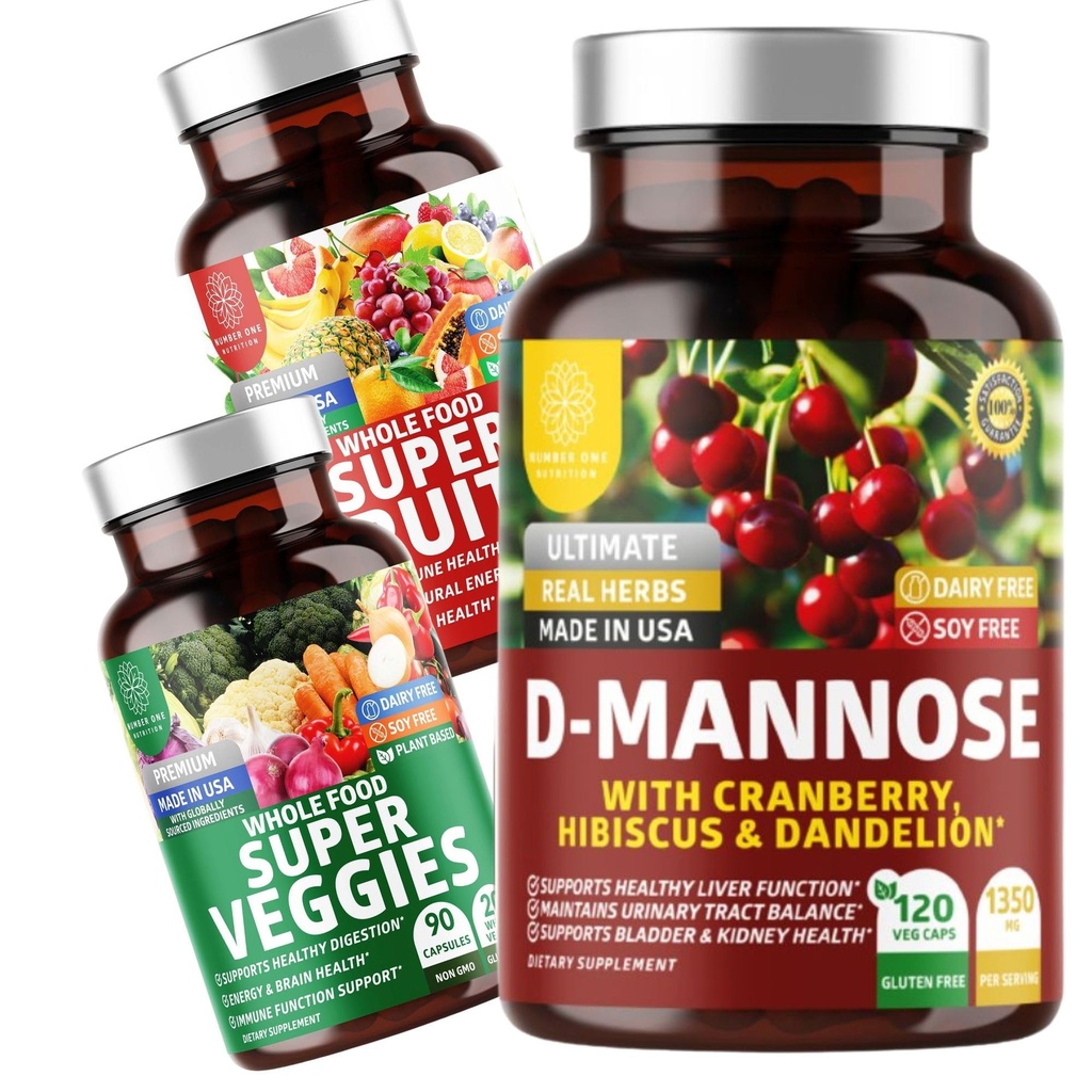 Numeri Uno Nutrizione N1N Premium D-Mannose con Mirtillo & Hibiscus [1350mg], 120 capsule, e Super Fruits & Veggies Integratore Alimentare Tutto, 180 capsule, 2 Pack Bundle
