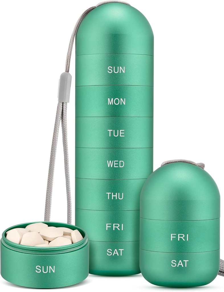 Zannaki Metal Moisture Proof Weekly Pill Organizer, Stackable Aluminium Alliage BPA Voyage libre Randonnée 7 jours Pill Box Case étanche et grand compartiment pour tenir les pilules, vitamines, huile de poisson, suppléments