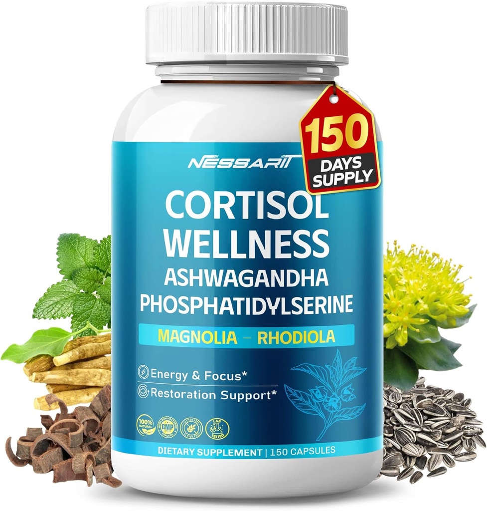 CORTISOL Wellness Ashwagandha 14-in-1 Natürliche Mischung mit Phosphatidylserine Magnolia Rhodiola St. John's Wort Peppermint Bacopa - 150 Count - Made & Tested in USA