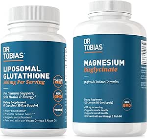 Dr Tobias Magnésium Bisglycinate et Glutathion liposomique - soutient l'énergie, la fonction musculaire et la santé immunitaire - Absorption maximale - végétalien, non-OGM