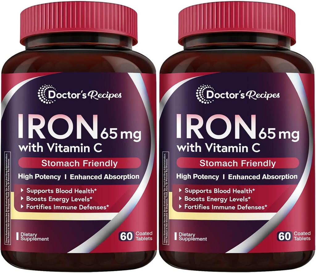 Supplemento di ferro di ricette del medico 65 mg con vitamina C - Assorbimento massimizzato & Stomach amichevole Pillole di ferro per la formazione di globuli rossi, cuore, cervello e salute dell'immunità - Vegan 120 Tabs (Pack of 2)
