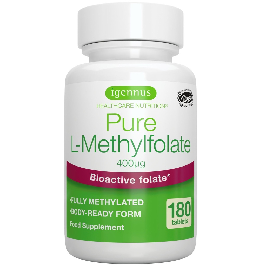 Igennus Pure Methyl Folate 400 mcg, 180 compresse, Etichetta pulita, Forma metilata di acido folico 5-MTHF (Vitamina B9), Vegan, Adatto per la gravidanza, One-a-Day, 6 mesi di alimentazione