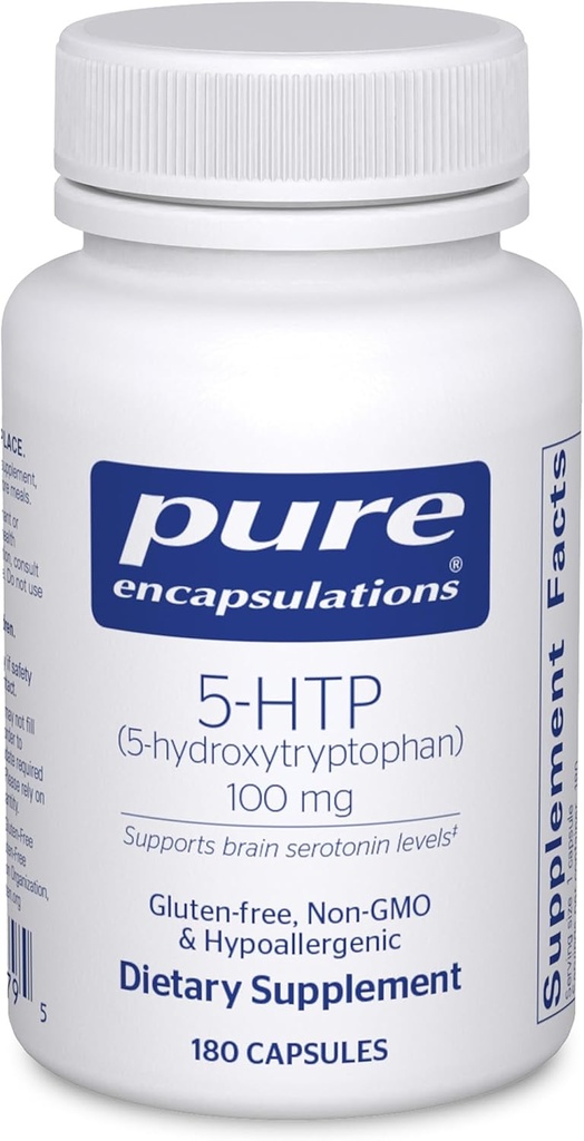 Encapsulations pures 5-HTP 100 mg - Santé cérébrale, régulation du sommeil et soutien de l'appétit* - 5-Hydroxytryptophane - Sans gluten et sans OGM - 180 capsules