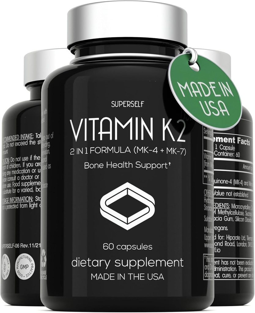 Capsules de vitamine K2 100 mcg - Complexe de vitamine K MK-7 et MK-4-60 Capsules - VIT K2 2 en 1 Formule Supplément haute résistance MK7 MK4 - Fabriqué aux États-Unis - Vegan & Non-OGM