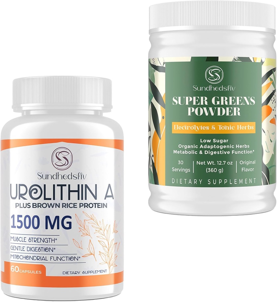 Urolithine Un Supplément 1500MG Plus Protéine de riz brun + Super Greens Supplément en poudre avec électrolytes et herbes toniques