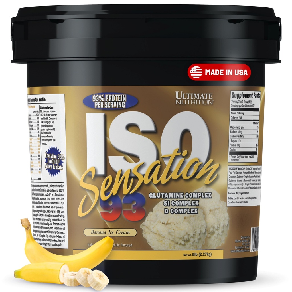 Nutrition Ultimate Poudre Isolée de Whey Protein avec Complexe Glutamine, ISO Sensation 93 - Poudre de Whey Protein avec le colostrum ajouté pour une récupération améliorée, l'immunité et la santé de Gut - Banane, 5lbs