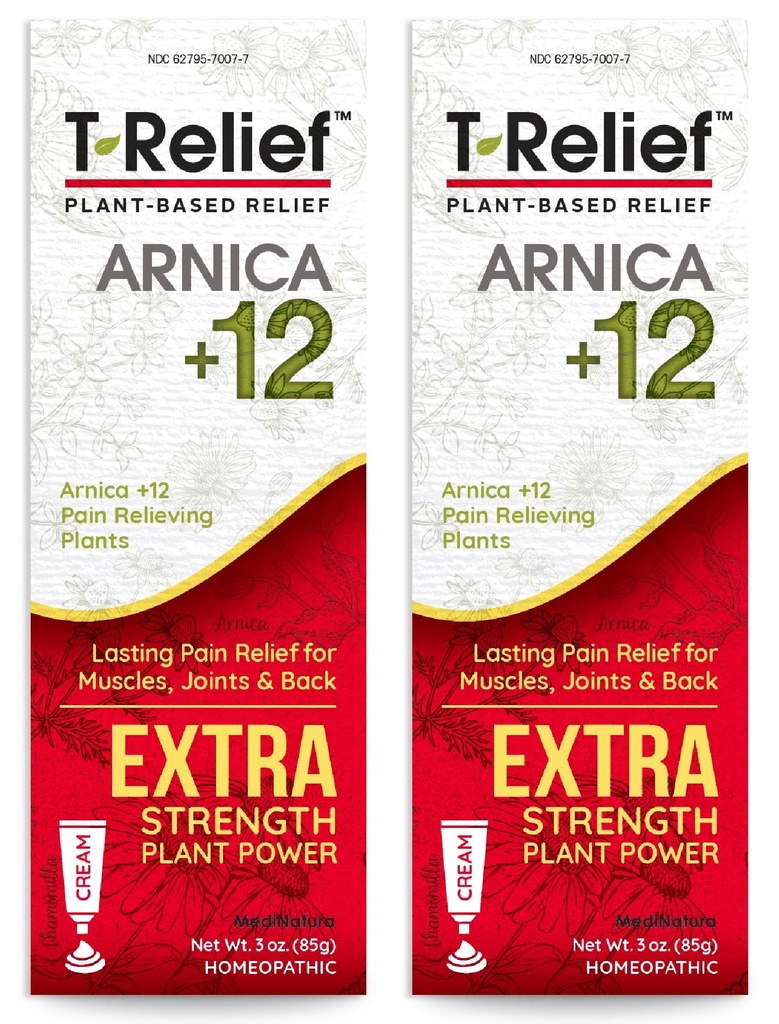 MediNatura T-Relief Crème Extra Strength Arnica +12 actifs naturels de soulagement pour la douleur du dos Douleurs musculaires articulaires et étourdissement, corps entier soulagement rapide d'action pour les femmes et les hommes - 3 oz (2 pack)
