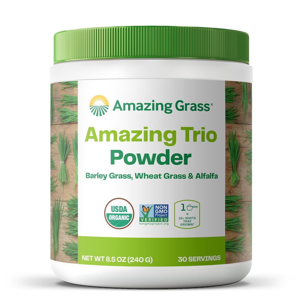 Trio des Verts d'herbe incroyables : Poudre de Verts avec de l'herbe de blé, de l'alfalfa et de l'orge, source riche de chlorophylle, 30 portions